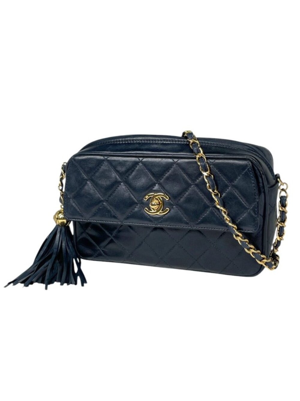 Chanel Shoulder Bag CC Logo Fringe Leather Navy